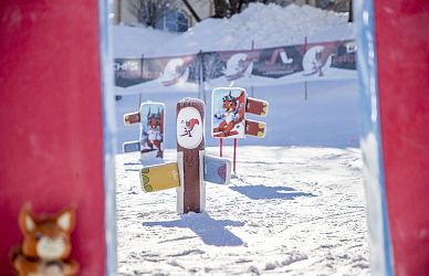 Bunte Wegweiser mit Tiermotiven stehen im Schnee vor einer winterlichen Kulisse. Im Hintergrund sind verschneite Bäume und ein Gebäude zu sehen.