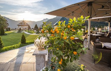 Ein sonniger Garten mit einem kleinen Pavillon im Hintergrund. Im Vordergrund ein Orangenbaum und eine Terrasse mit Tischen und Stühlen unter Sonnenschirmen.
