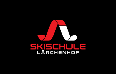 Logo der Skischule Lärchenhof mit stilisiertem roten und weißen S im Vordergrund, vor einem schwarzen Hintergrund. Der Schriftzug ist in Rot und Weiß.
