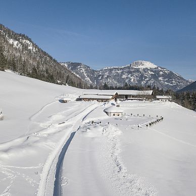 Die Hundsbichl Alm im Schnee