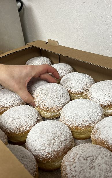 Ein rechteckiger Karton voller Faschingskrapfen, die mit Puderzucker bestäubt sind. Eine Hand greift nach einem der Krapfen, die sorgfältig in Reihen angeordnet sind.